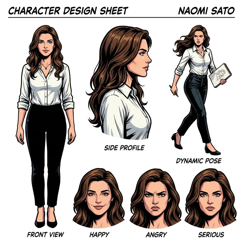 Comic character sheet created from the source portrait, with front, side, pose, and expressions